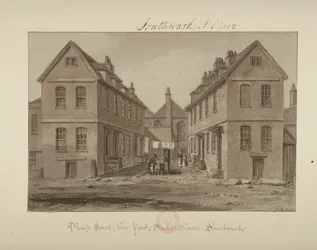 Vista di una figura che raccoglie acqua in Pump Court, Vine Yard, Bermondsey, 1828